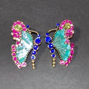 Emerald teal & Pink Butterfly Crystal Stud Earrings
